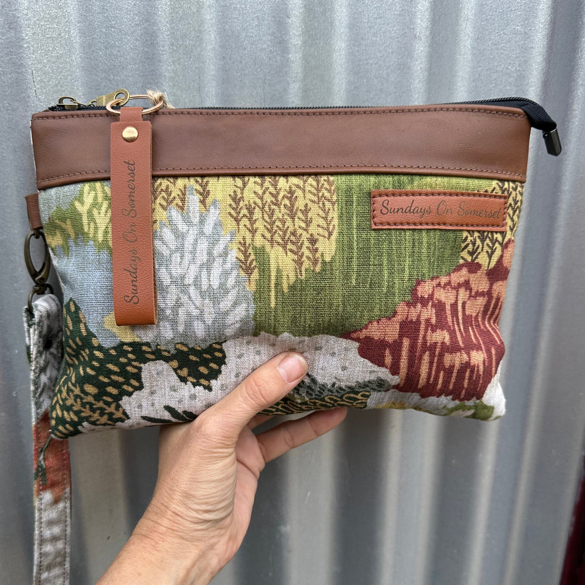 SOS Handmade patchwork fabric clutch bag - Leather landscape