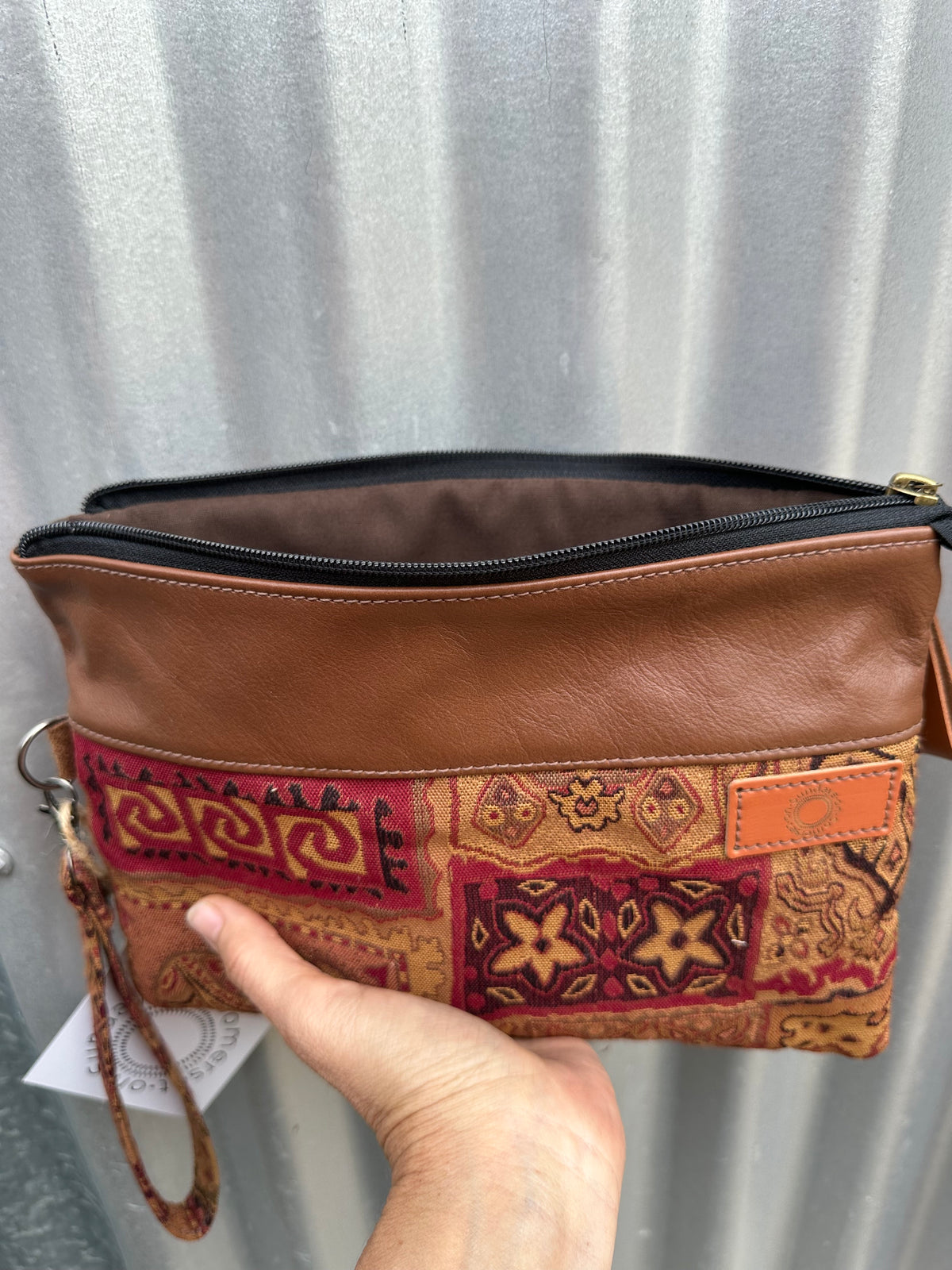 SOS Handmade patchwork fabric clutch bag - Leather Rustic 1